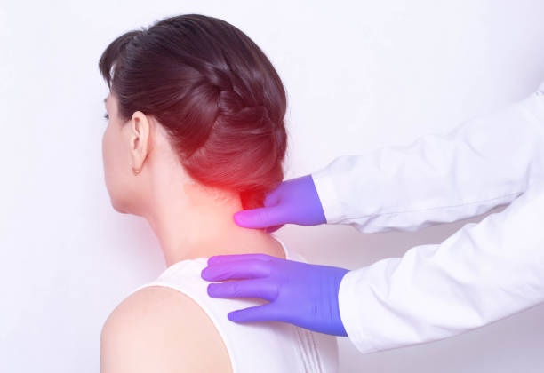 doctor neurologist examines the patient's sore neck on a pinched nerve and protrusion of the spine, medical - osteoarthritis doctor medicine healthcare and medicine imagens e fotografias de stock