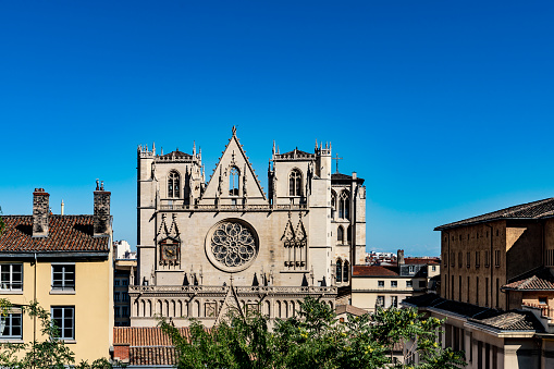 Lyon Cathedral on the banks of the Rhone at Lyon,  with the towers of the Cathedral of Saint-Jean-Baptiste de Lyon.