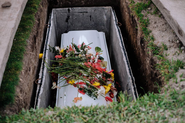 Casket of the dead, with flowers from family and acquittances on the cover, laid to final rest on the ground during burial ceremony.  Selective focus. Casket of the dead, with flowers from family and acquittances on the cover, laid to final rest on the ground during burial ceremony.  Selective focus. place concerning death stock pictures, royalty-free photos & images