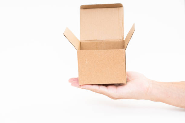 istock Man hand holding brown paper box on white background 1173822563