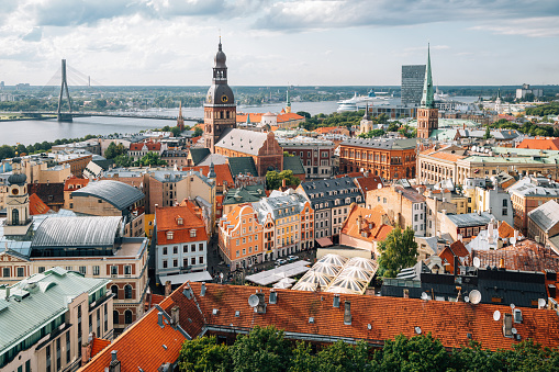 Riga old town panoramic view from St. Peter's Church observatory in Latvia