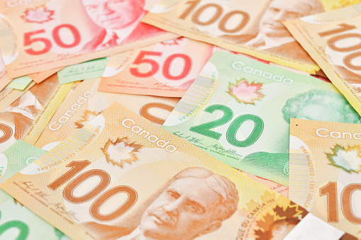 Close up of Canadian banknotes background