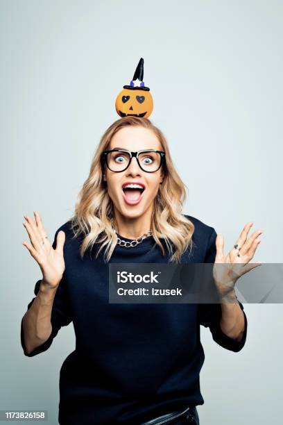 Excited Woman Ready For Halloween Stock Photo Stock Photo - Download Image Now - 30-34 Years, Adult, Adults Only