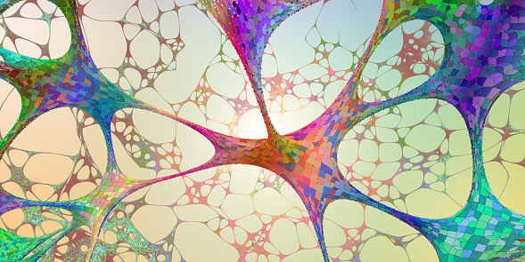 A conceptual image of an abstract network of multi-coloured organic strands arranged in a non regular pattern all connected together in a complex manner. The network is made from smaller multi-coloured squares and polyhedra, in vivid colours against a pastel toned background. Shows background and foreground elements to the structure.