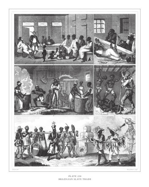 Brazilian Slave Trade Engraving Antique Illustration, Published 1851 Brazilian Slave Trade Engraving Antique Illustration, Published 1851. Source: Original edition from my own archives. Copyright has expired on this artwork. Digitally restored. drawing of slaves working stock illustrations