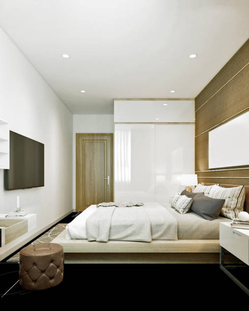 istock 3d render of modern hotel room 1173828358