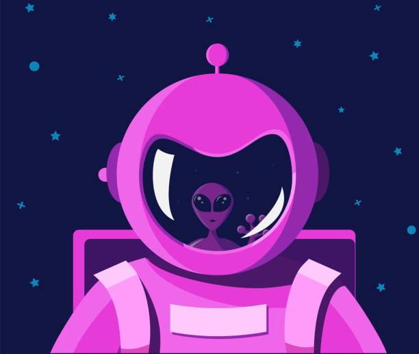 ilustraciones, imágenes clip art, dibujos animados e iconos de stock de encuentro intergaláctico e interplanetario con un extraterrestre. retrato de un astronauta en traje espacial rosa con un casco sin cara. el obturador de astronauta refleja la cara de un buen alienígena. - interplanetary