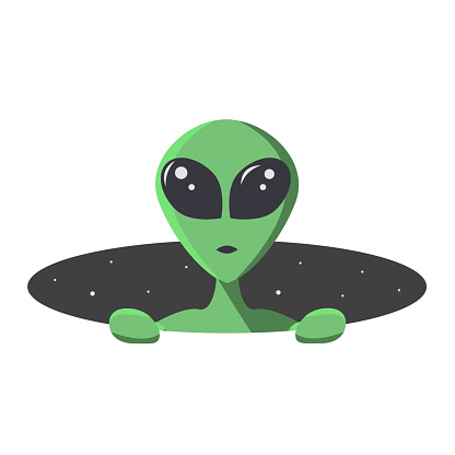 Green alien climbs out from the hole of space with stars. Extraterrestrial in flat cartoon style for t-shirt, print or textile.  Vector illustration.