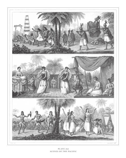 sceny z pacyfik grawerowania antyczne ilustracji, opublikowano 1851 - aboriginal stock illustrations