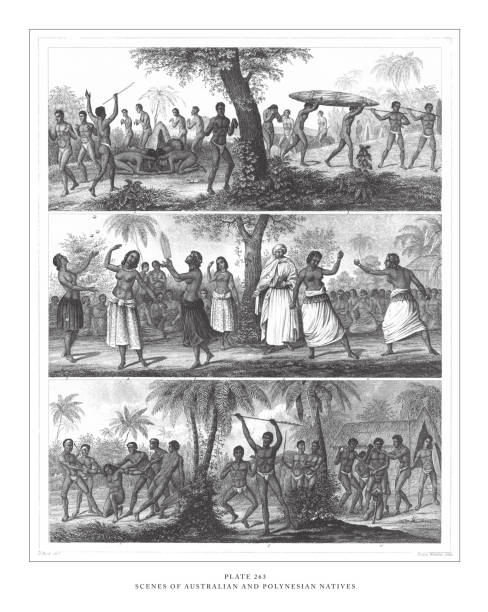 сцены австралийских и полинезийских коренных жителей, гравировающих античную иллюстрацию, опубликованную в 1851 году - tongan dance stock illustrations