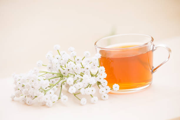 istock Autumn tea. Marigolds and tea cup autumn background 1173830159