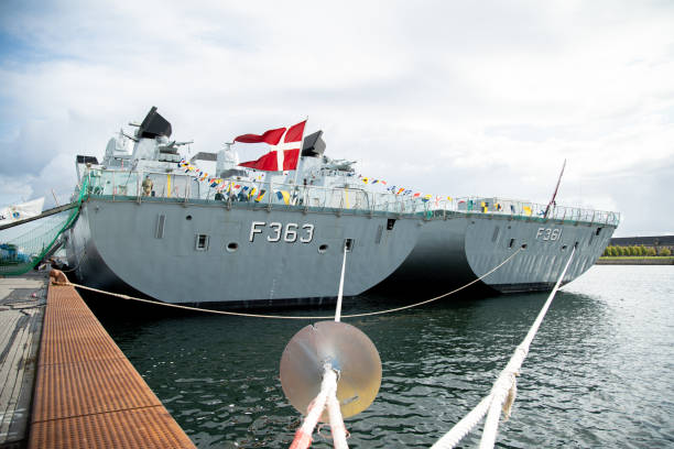 Copenhagen, Denmark - September 5, 2019: The Danish frigates F361 and F363 anchored in Copenhagen harbour.