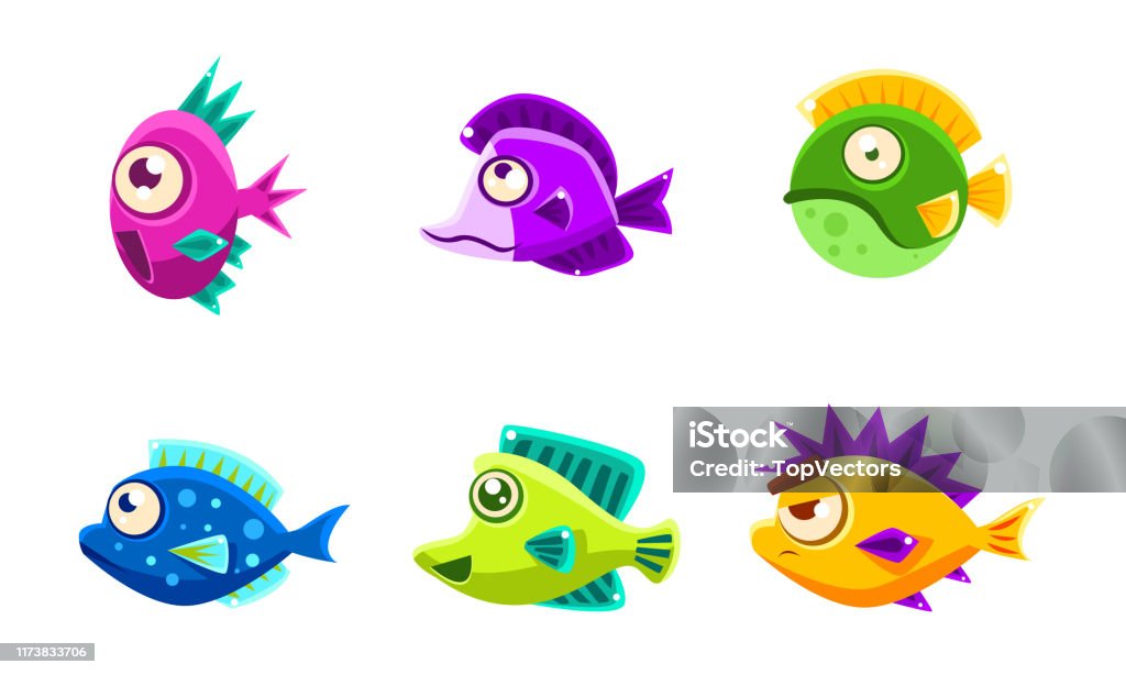 Ilustración de Lindo Colorido Pequeños Peces Brillantes Set Divertido Big  Eyed Sea Animales Dibujos Animados Personajes Vector Ilustración y más  Vectores Libres de Derechos de Pez - iStock