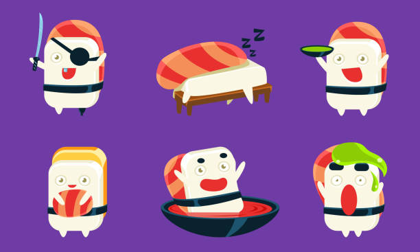 istock Sushi Cartoon Characters Set, Asian Food, Cute Rolls with Funny Faces in Different Situations and Various Emotions Vector Illustration 1173836107