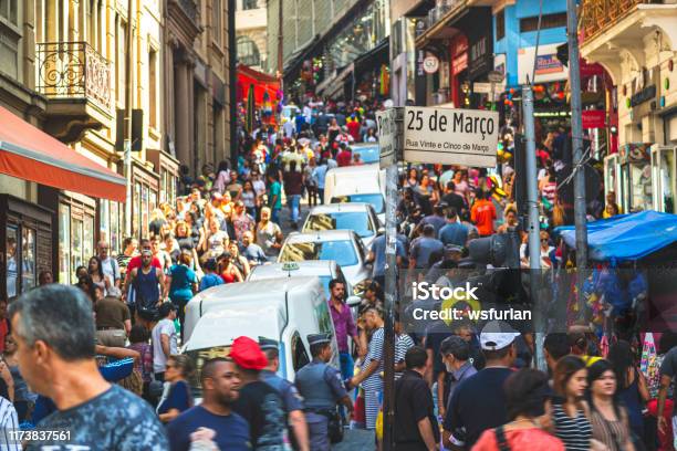 Vinte Cinco De Marco Street Downtown Of Sao Paulo City Stock Photo - Download Image Now