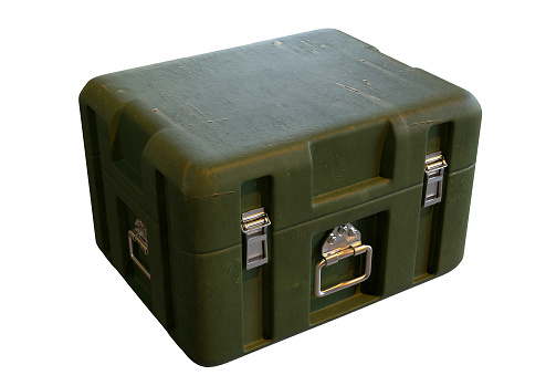 Green military storage box for war equipment isolated on white background. 3D rendering