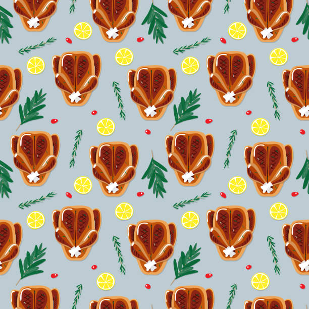 Seamless roasted dinner illustration pattern Seamless roasted chicken, duck or goose illustration pattern. Perfectly usable for all christmas and Thanksgiving related projects. goose meat illustrations stock illustrations