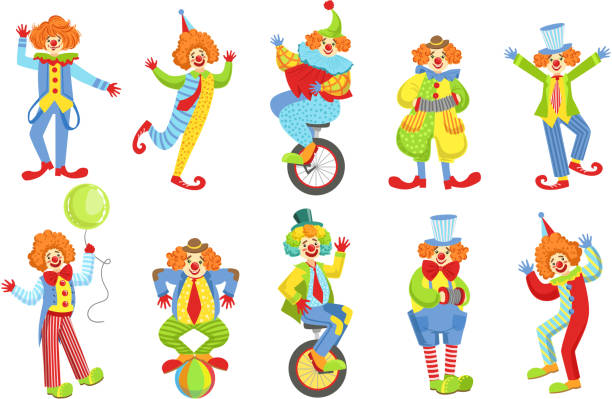 illustrations, cliparts, dessins animés et icônes de collection de clowns drôles heureux dans des poses d'action, drôles de caractères d'humoriste de cirque dans l'illustration de vecteur de costumes - clown