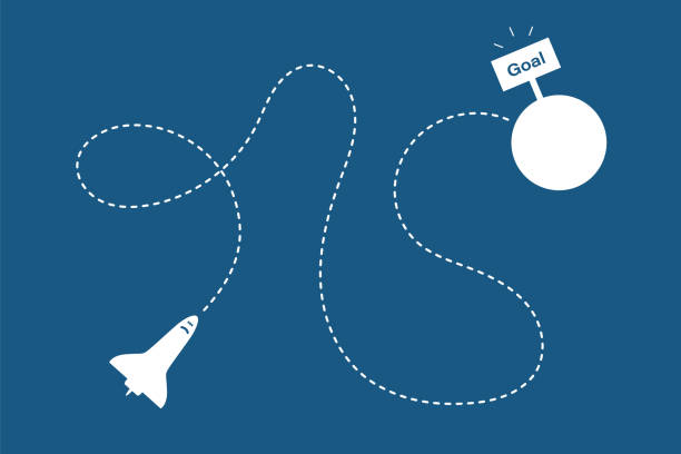 Space shuttle in the space flying to the goal Space shuttle in the space flying to the goal. Dotted complex and looped way, path to the goal. Startup or challenge concept. Vector illustration on the blue background name plate designs drawing stock illustrations