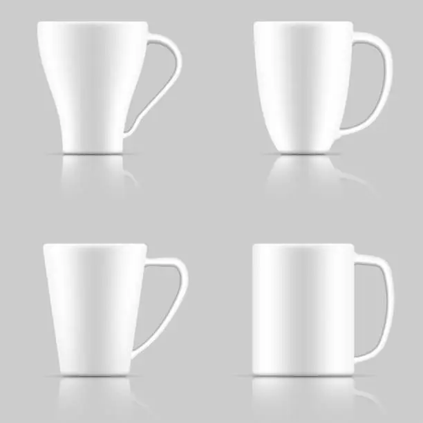Vector illustration of Set of realistic white coffee mugs on a grey background.