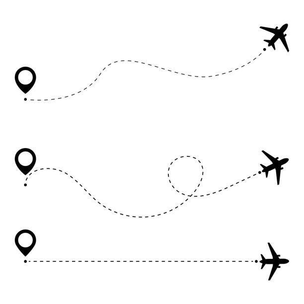 비행기 라인 경로 경로입니다. 지도 핀, gps 포인트와 비행기 여행 개념. 항공기 경로 점선. 항공기 및 지도 포인터 기호 벡터 일러스트레이션 - 2609 stock illustrations