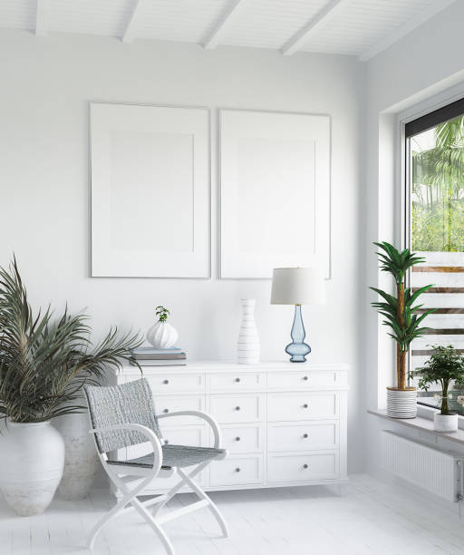 istock Mock up frame in white cozy tropical bedroom interior, Coastal style 1173843209