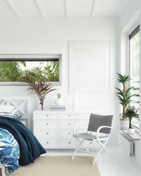 istock Mock up frame in white cozy tropical bedroom interior, Coastal style 1173843210