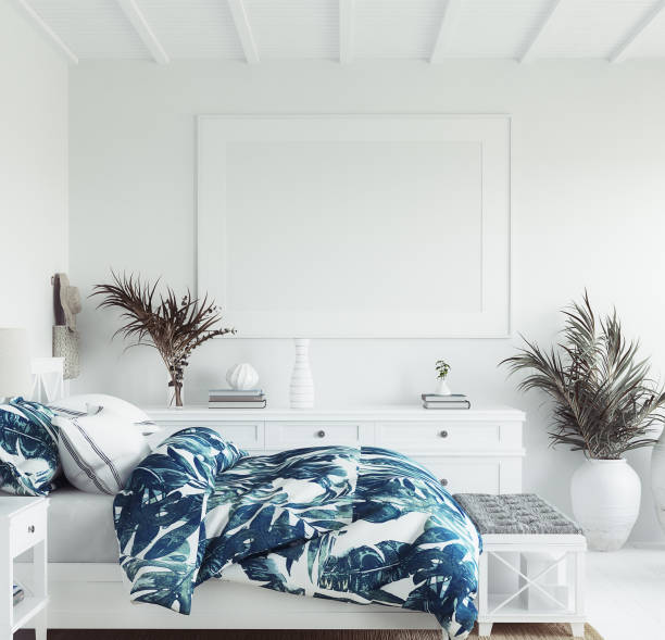 istock Mock up frame in white cozy tropical bedroom interior, Coastal style 1173843220