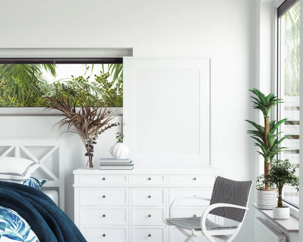 istock Mock up frame in white cozy tropical bedroom interior, Coastal style 1173843235