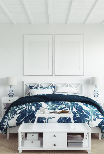 istock Mock up frame in white cozy tropical bedroom interior, Coastal style 1173843247