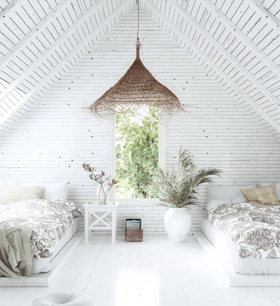 interior blanco y acogedor dormitorio tropical en el ático, estilo scandi-boho - house attic desing residential structure fotografías e imágenes de stock