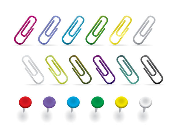 büroklammer und thumbtack bunte sammlung - paper clip red clip isolated stock-grafiken, -clipart, -cartoons und -symbole