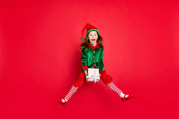 Full length body size profile side view of nice attractive cheerful positive, overjoyed glad funny small little pre-teen elf holding in hands white box isolated over bright vivid shine red background