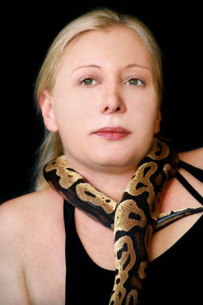 istock Portrait of girl with Royal Python snake. Woman holds Ball Python snake around neck and in hands, posing in front the camera. Exotic tropical cold-blooded reptile animal, Python regius species snake. 1173844771