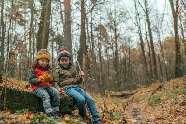 istock Happy children enjoying autumn in forest 1173845840