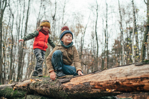Happy children enjoying autumn in forest