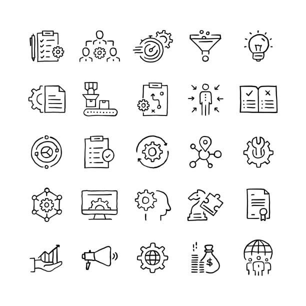 Set of Product Management related objects and elements. Hand drawn vector doodle illustration collection. Hand drawn icon set. Set of Product Management related objects and elements. Hand drawn vector doodle illustration collection. Hand drawn icon set. service drawings stock illustrations