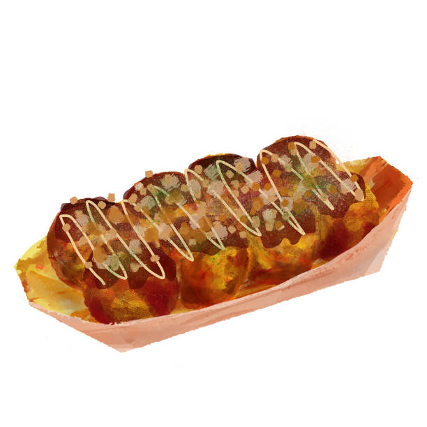 Takoyaki, the octopus balls on a dish Takoyaki is a Japanese fast food, the octopus dumplings. Takoyaki balls are served on a traditional dish for Takoyaki. cooking takoyaki is a ball shaped japanese snack stock illustrations