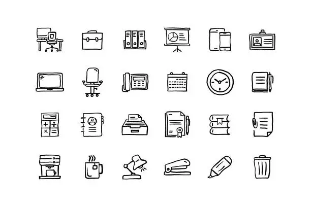 Vector illustration of Set of Workspace related objects and elements. Hand drawn vector doodle illustration collection. Hand drawn icon set.