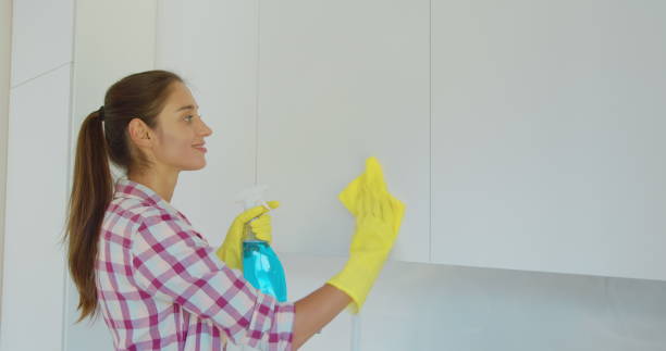 istock Woman's hand in a yellow rubber glove cleans the shiny surface of a modern plastic kitchen Cabinet with a cloth. The concept of spring cleaning and home work. 1173853029