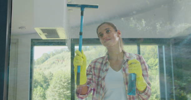 istock Girl removing cleaning solution from glass with special tool, cleaning service. 1173854701