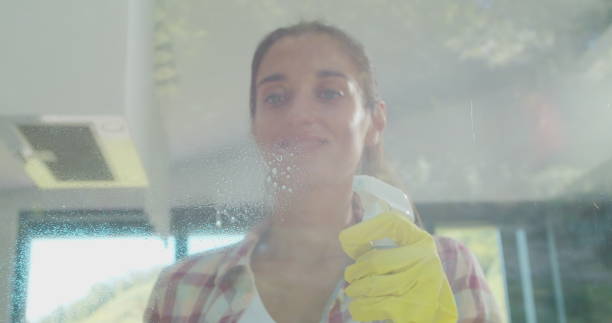 istock Girl removing cleaning solution from glass with special tool, cleaning service. 1173854954