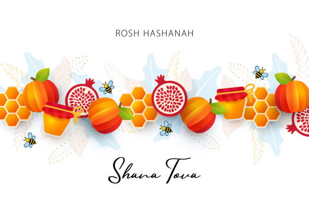 Jewish New Year, Rosh Hashanah Greeting card. Vector illustration with border made of paper cut Apple, pomegranate, Honey cell, jar of honey and Bees Jewish New Year, Rosh Hashanah Greeting card. Vector illustration with border made of paper cut Apple, pomegranate, Honey cell, jar of honey and Bees. Holiday banner. White background. jewish new year stock illustrations