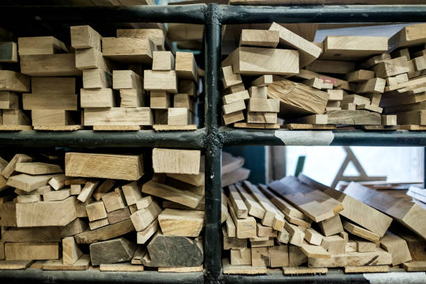 istock Workshop of carpenters with different types of plank. 1173865110
