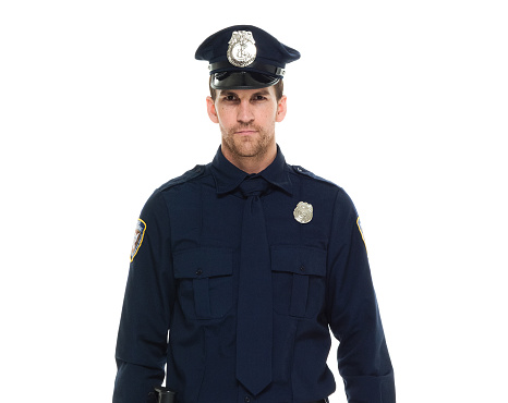 Cropped image of male policeman officer wearing black uniform with walkie-talkie and handcuffs isolated on white background. Concept of job, caree, safety. Security service. Copy space for ad
