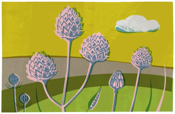 Vector illustration of Countryside scene with Wild Flowers and seed heads