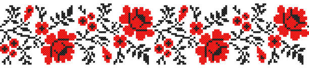 ilustrações, clipart, desenhos animados e ícones de seamless bordado artesanal cruz-ponto padrão de ucrânia étnica para o projeto. vector a ilustração vermelha e preta das beiras no fundo branco. - stitched panoramic