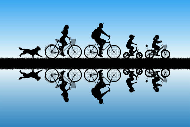 familie auf fahrrädern im park - child lifestyles isolated blue stock-grafiken, -clipart, -cartoons und -symbole