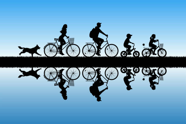 Family on bikes in park Active rest of parents with children. Vector illustration with silhouettes of cyclists and running dog. Blue pastel background family silhouettes stock illustrations