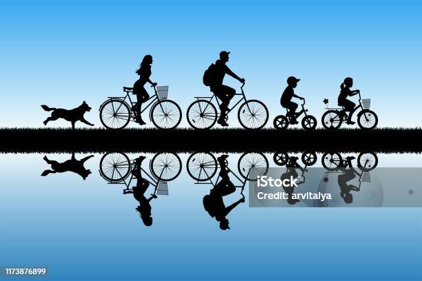 Family On Bikes In Park Stock Illustration - Download Image Now - Cycling, Bicycle, Family